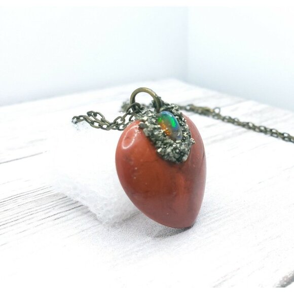 Red jasper heart and opal crystal necklace handmade - Picture 6 of 12